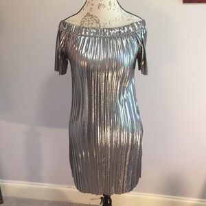 𝅺2HEARTS Silver Pleated Off Shoulder Dress